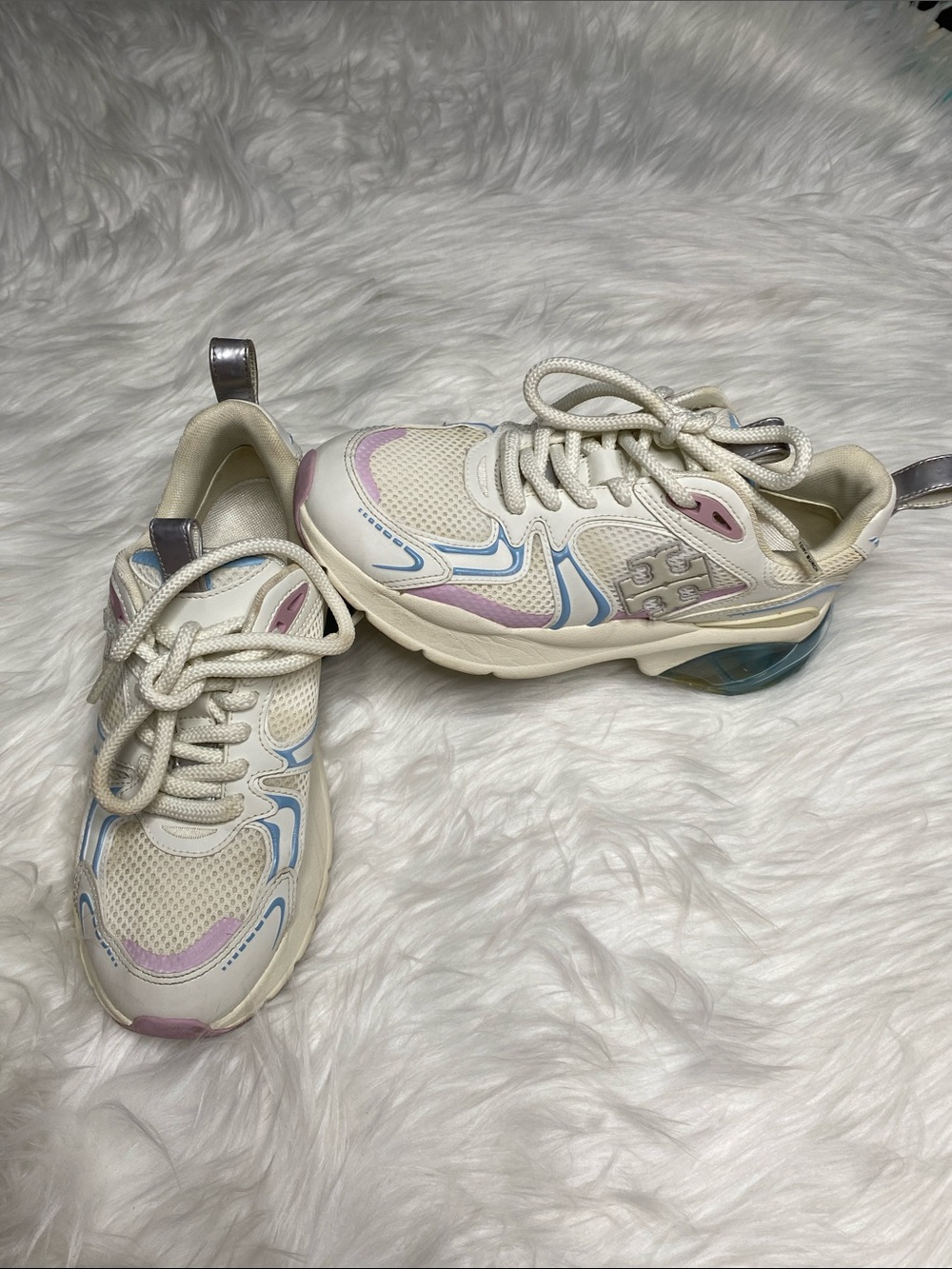 Tory Burch Cream Mesh Sneakers with Blue and Lavender Accents